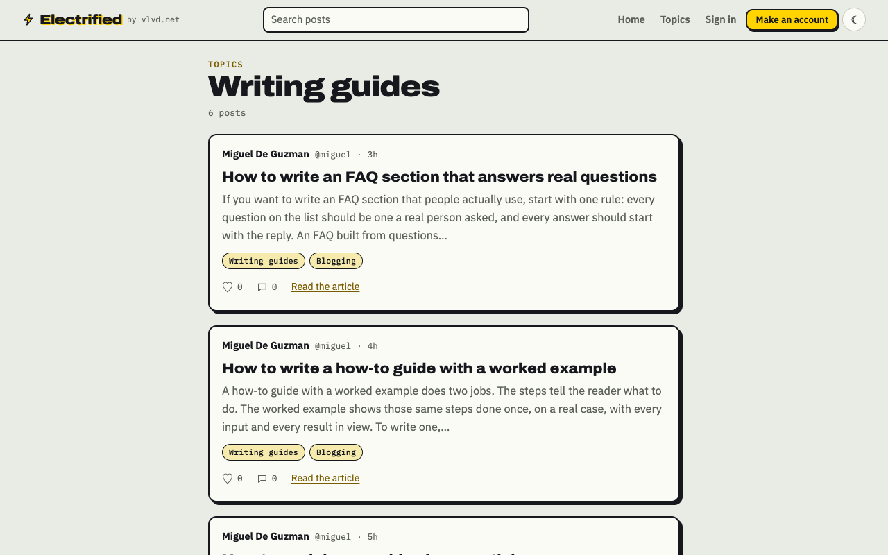 Electrified's Writing guides topic page listing articles filed under that topic, newest first