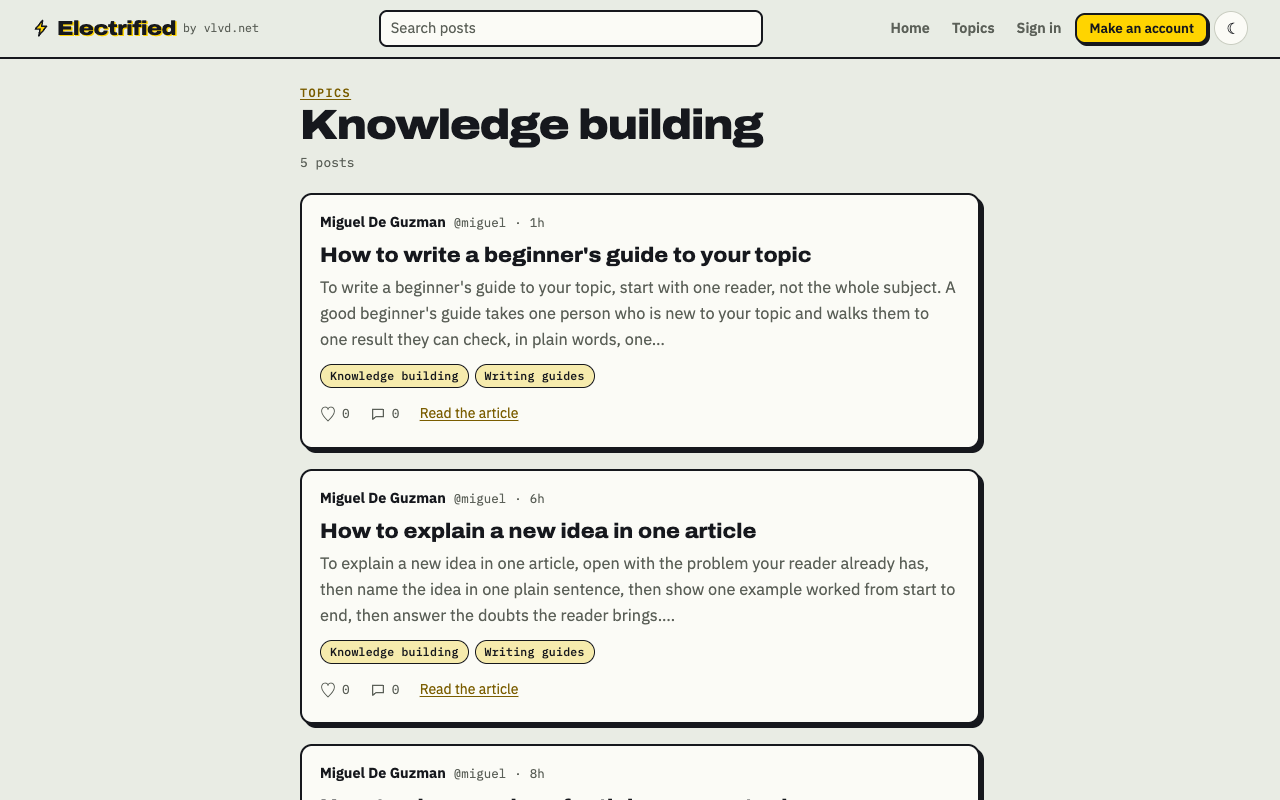 Electrified's Knowledge building topic page listing articles filed under that topic, newest first
