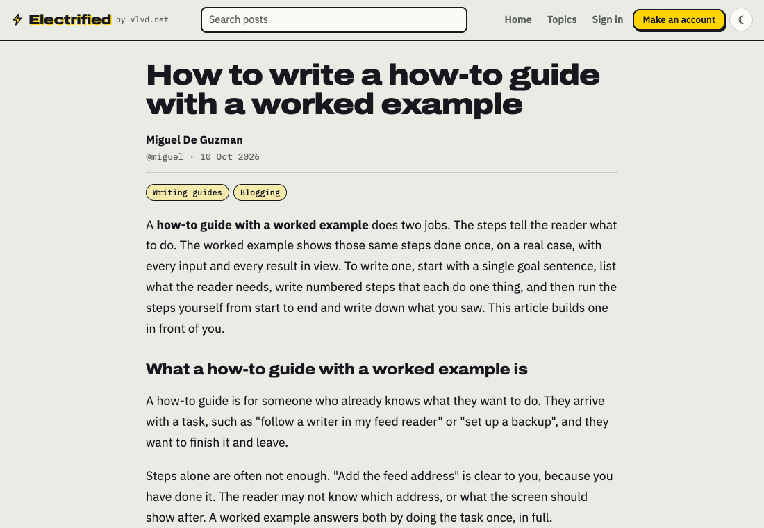 The opening of a published Electrified guide on writing a how-to guide, where the first paragraph gives the answer before the first heading
