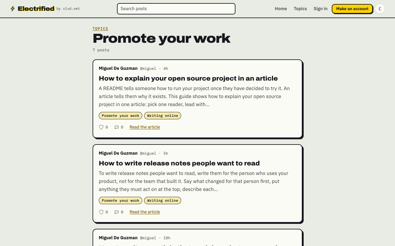 The Promote your work topic page on Electrified, listing published articles about explaining your own work, newest first