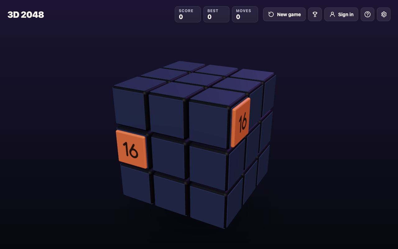 3D 2048 cube with a 16 on the front face and another 16 on the right face