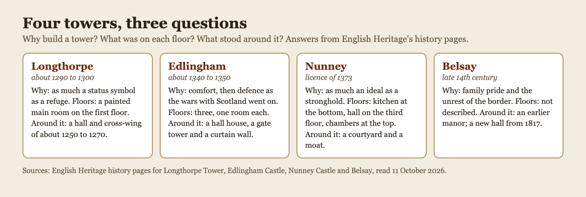 Diagram comparing four English towers, Longthorpe, Edlingham, Nunney and Belsay, with why each was built, what was on its floors and what stood around it