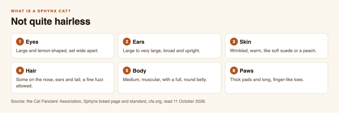 Diagram of the Sphynx cat's features from the CFA standard: lemon-shaped eyes, large ears, wrinkles, peach-like fuzz, round belly and long toes
