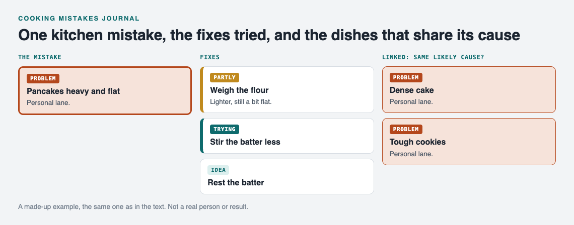 Diagram of the heavy pancakes problem with a partly fix, a fix being tried and an idea, linked to a dense cake and tough cookies