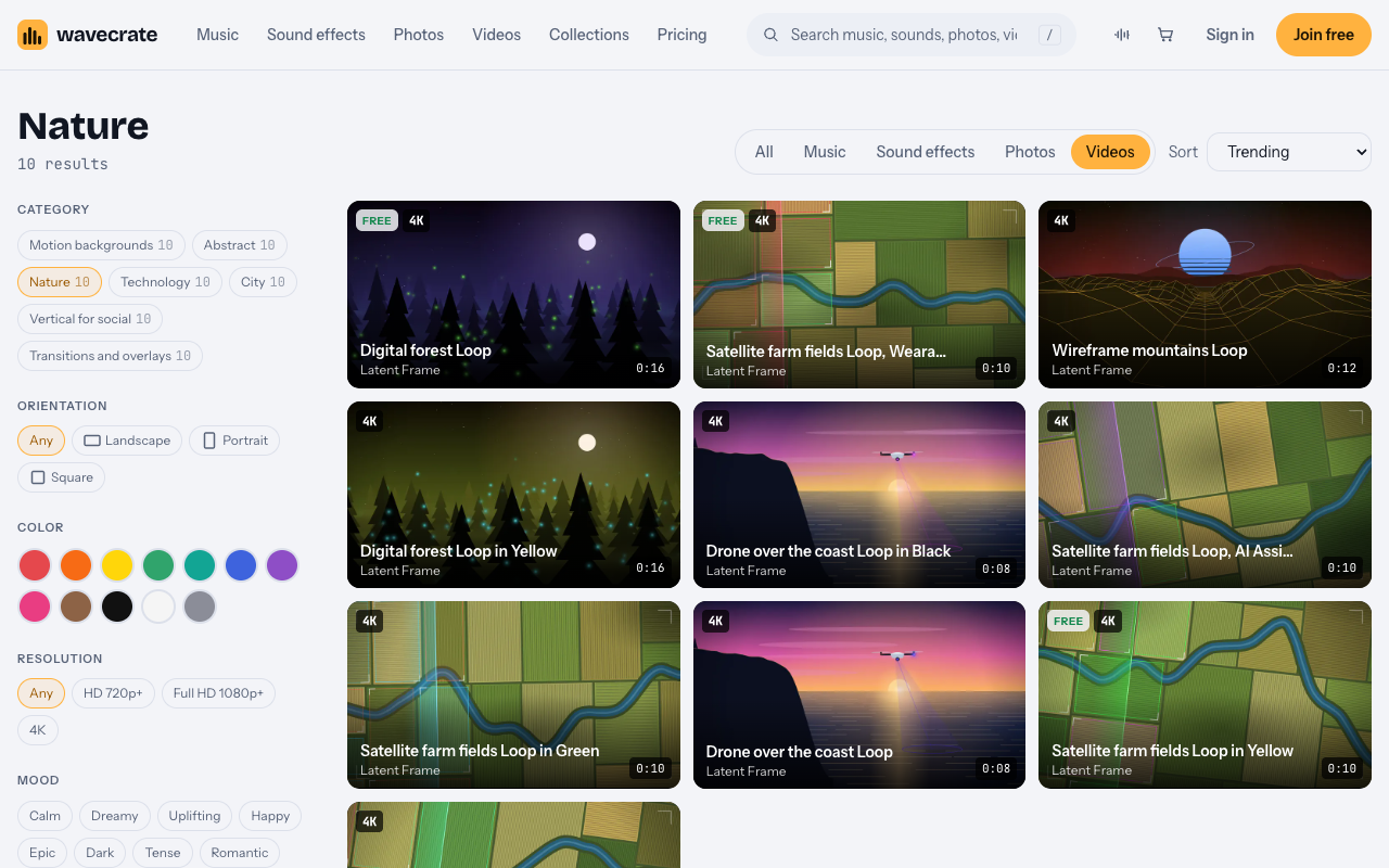 Wavecrate Nature video category with ten stylized forest, coast and farmland loops