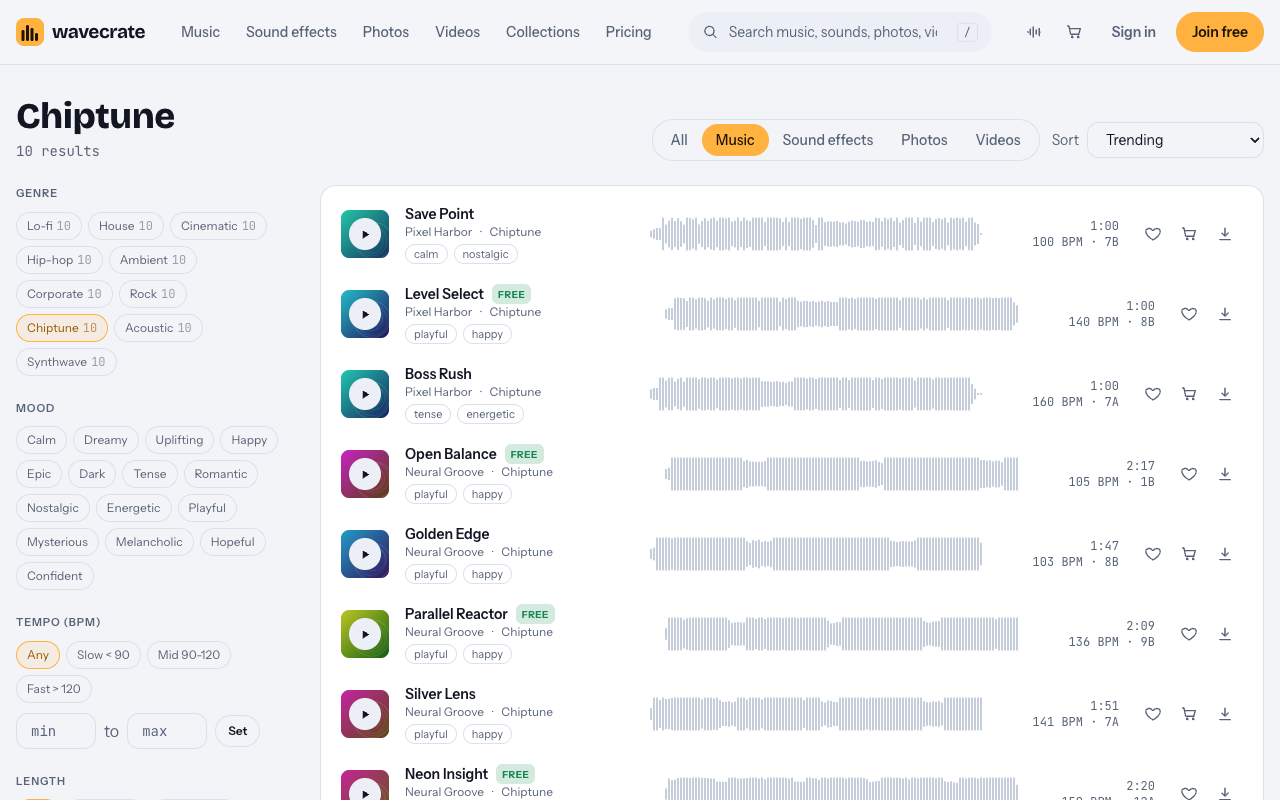 Wavecrate Chiptune music browse page with ten tracks and tempo filters