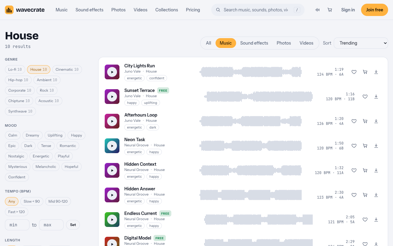 Wavecrate House music browse page listing ten tracks with tempo and mood
