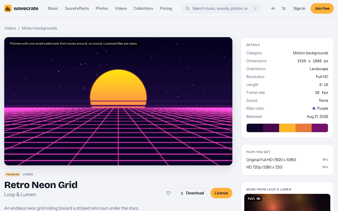 Retro Neon Grid motion background page on Wavecrate with its licenses