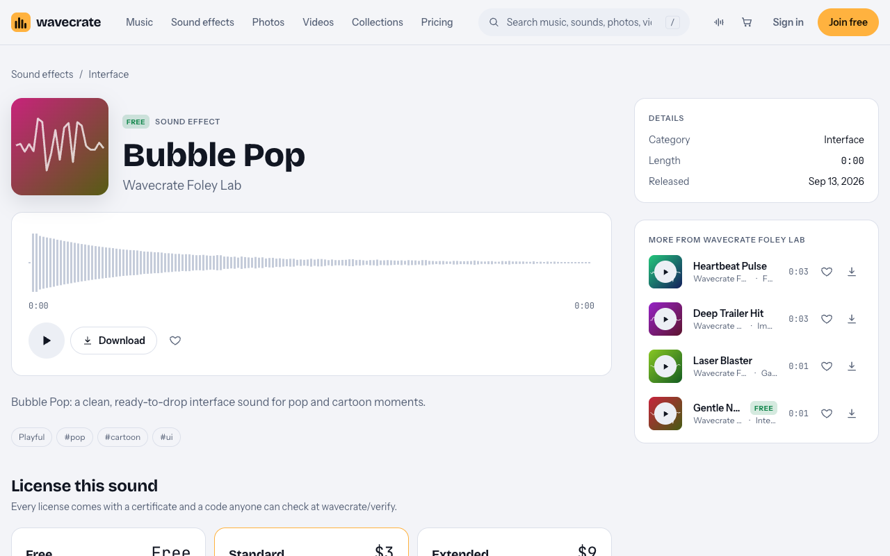 Bubble Pop sound page on Wavecrate marked Free with its three licenses