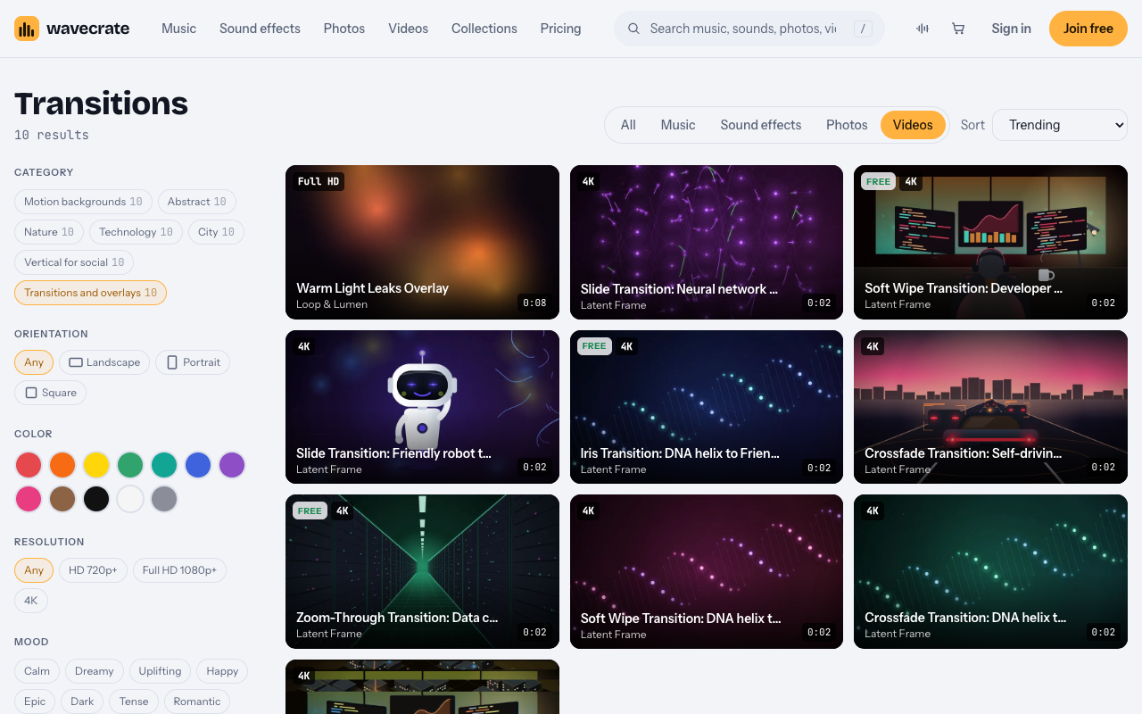 Wavecrate Transitions and overlays video category with ten transition clips