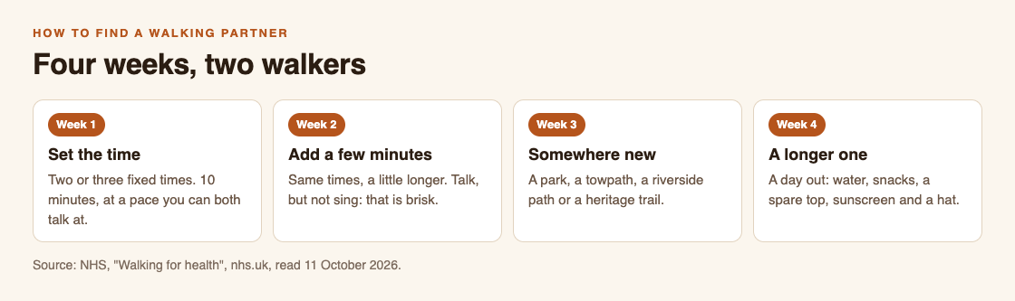 Diagram of a four-week plan for two walking partners, from short after-dinner walks to a longer weekend walk somewhere new