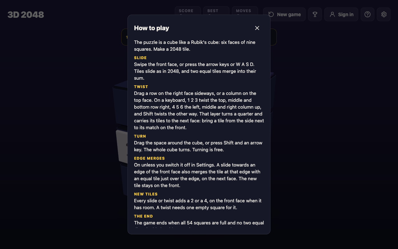 3D 2048 How to play box listing the twist keys 1 to 6