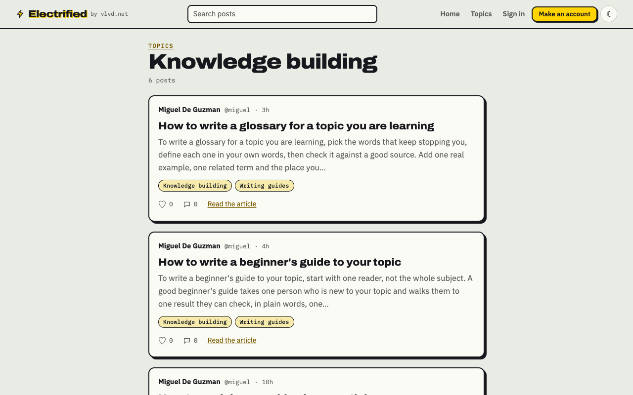 Electrified's Knowledge building topic page listing the posts filed under that topic