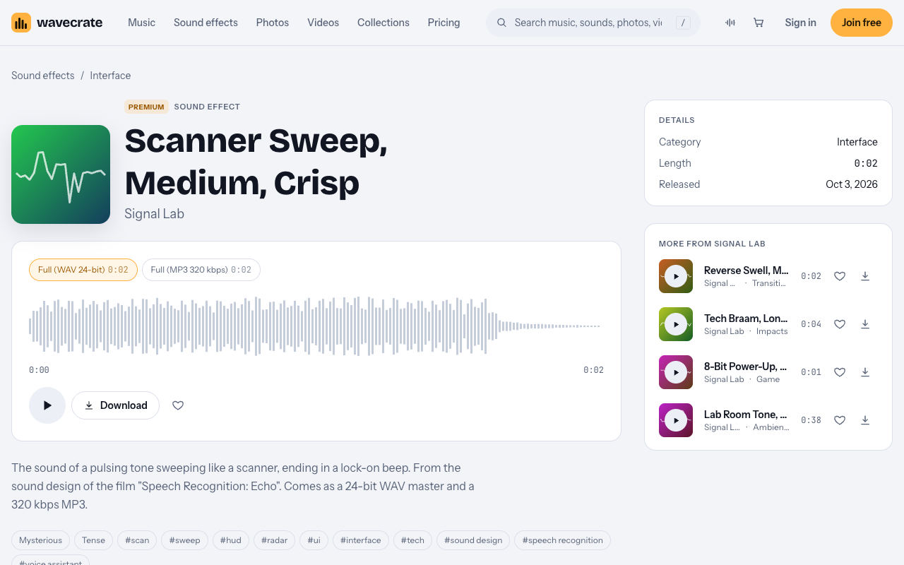 Scanner Sweep sound page on Wavecrate with its Standard and Extended licenses