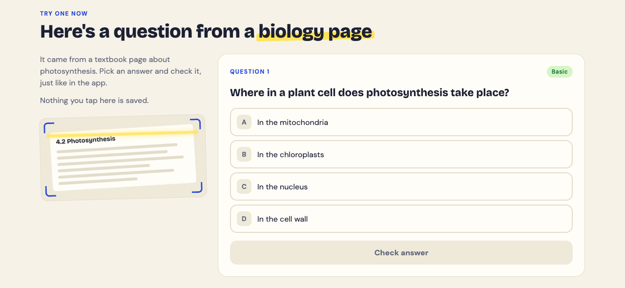 Study Shot home page Try one now section: a sample multiple-choice question from a biology page about photosynthesis with four choices and a Check answer button