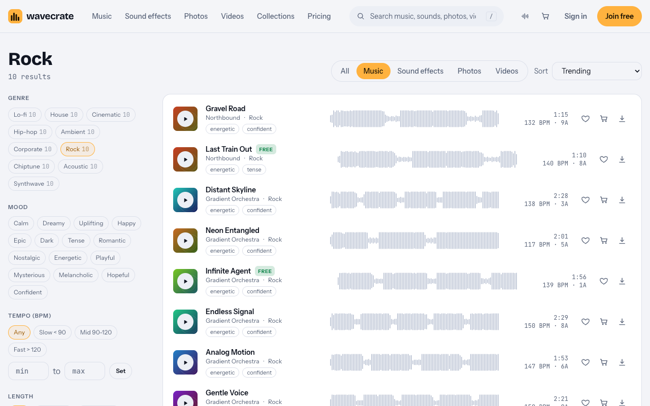 Wavecrate Rock music browse page with tempo and energy filters