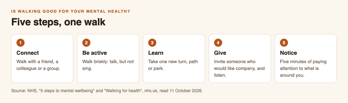 Diagram of the NHS five steps to mental wellbeing, each matched to a way to use it on a walk: connect, be active, learn, give and notice