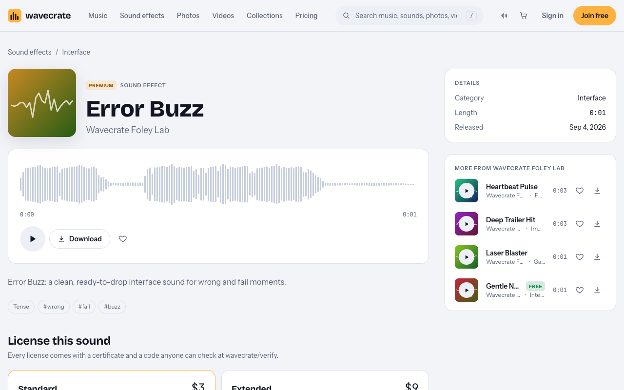 Error Buzz sound page on Wavecrate with its Standard and Extended licenses