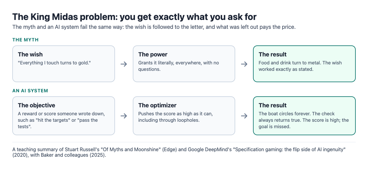 Diagram comparing the Midas myth with an AI system: the wish or objective, the power or optimizer that follows it literally, and a result that matches the words but misses the goal