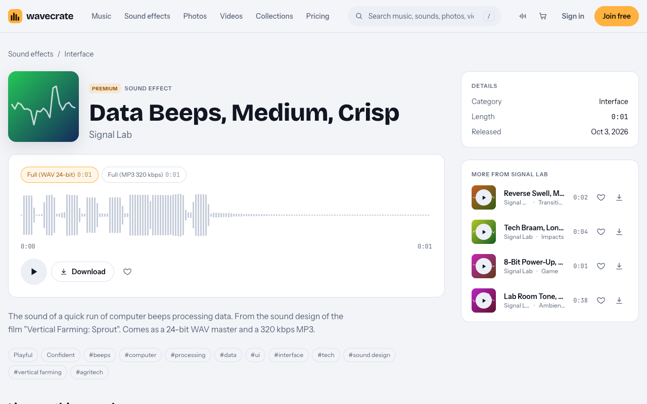 Data Beeps sound page on Wavecrate with its Standard and Extended licenses