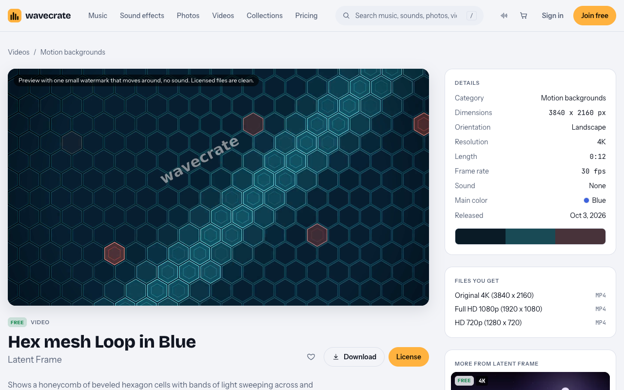 Hex mesh Loop in Blue page on Wavecrate marked Free with its three licenses