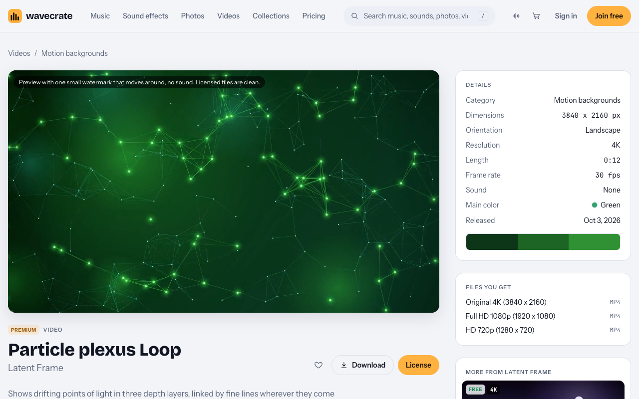 Particle plexus loop page on Wavecrate with its Standard and Extended licenses