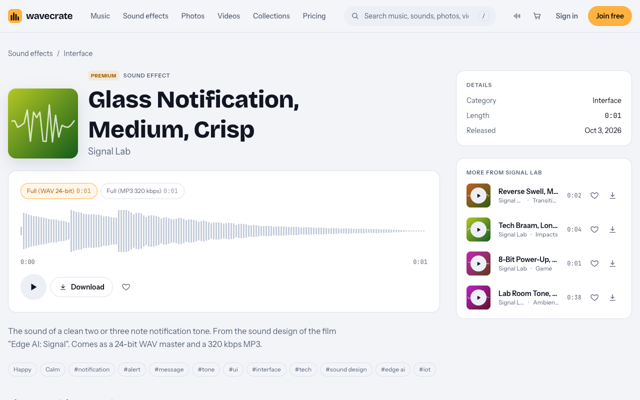 Glass Notification sound page on Wavecrate with its Standard and Extended licenses