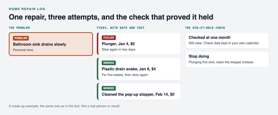 Diagram of the slow bathroom sink problem with a failed plunger, a drain snake and a cleaned stopper, each with date and cost, and the one month check