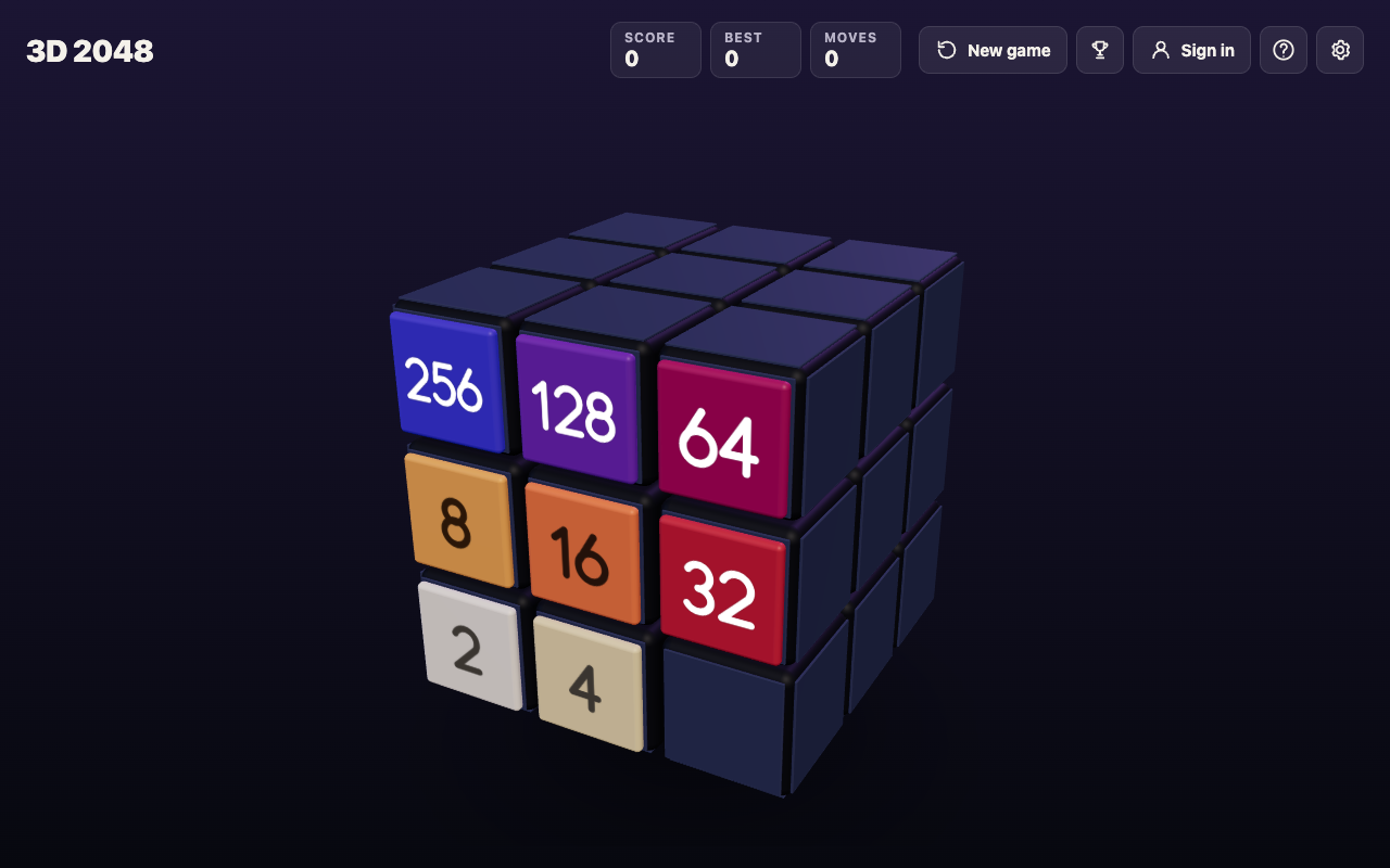 3D 2048 front face with tiles in a snake from 256 in the top left corner down to 2