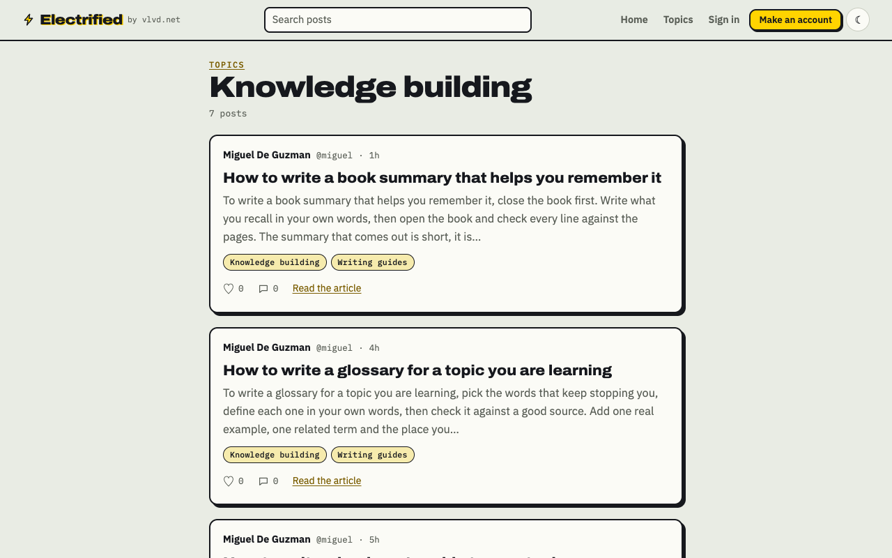 Electrified's Knowledge building topic page listing the posts filed under that topic