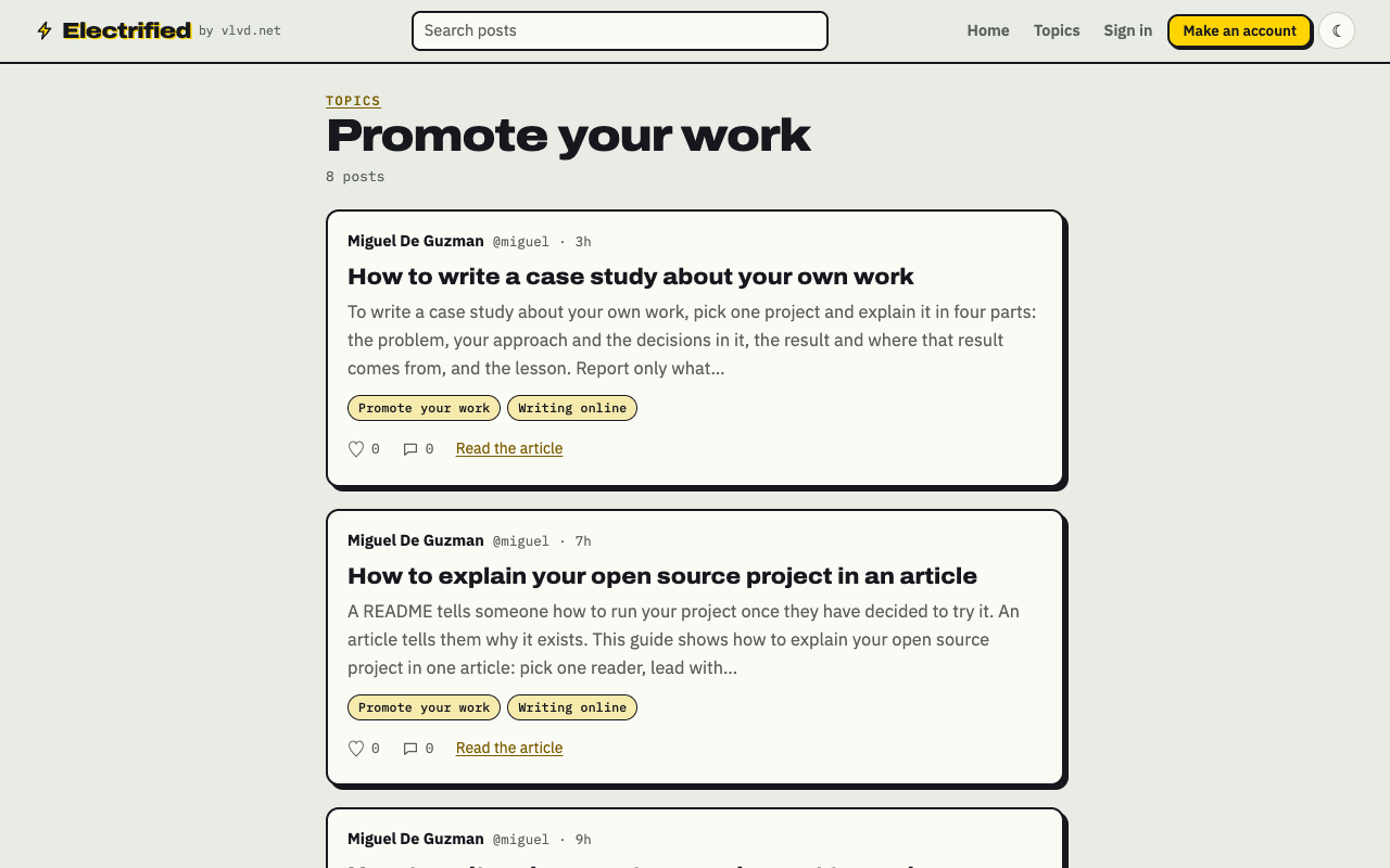 Electrified's Promote your work topic page listing the posts filed under that topic