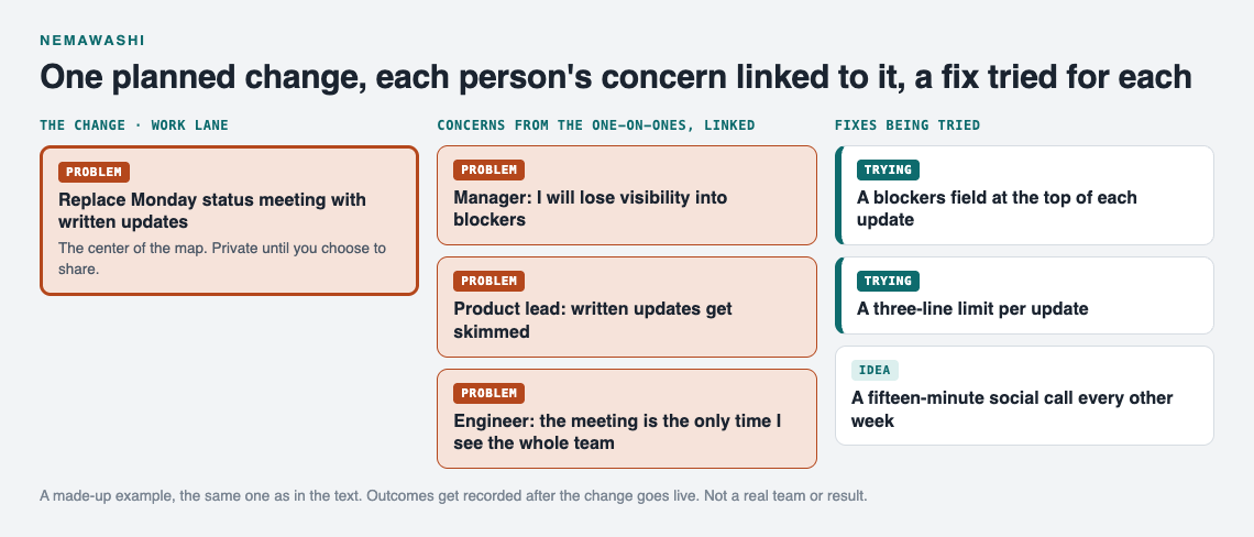 Diagram of nemawashi on the graph: the planned change in the middle, four stakeholder concerns linked to it, and the fix being tried for each