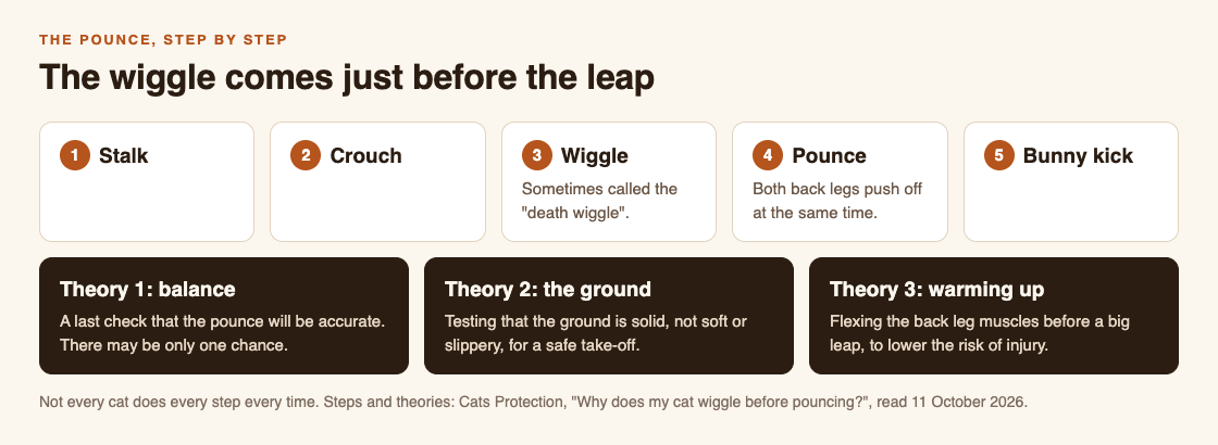 Diagram of a cat's pounce in five steps, stalk, crouch, wiggle, pounce and bunny kick, with the three theories for the wiggle: balance, the ground and warming up