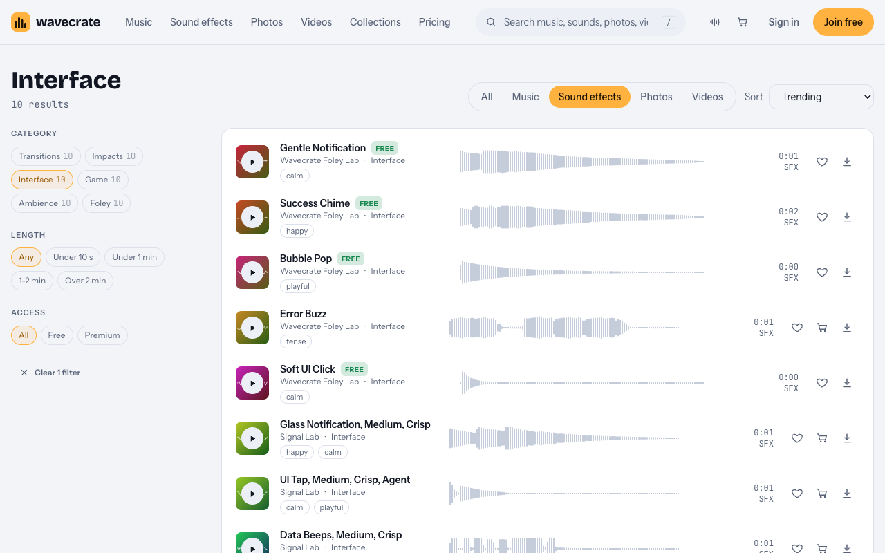 Wavecrate Interface sound effects category with chimes, clicks and notification tones