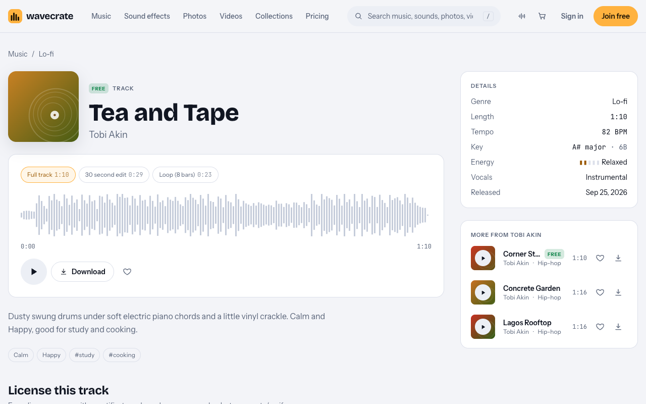 Tea and Tape lo-fi track page on Wavecrate, marked Free, with its license cards