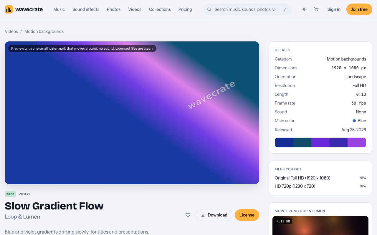 Slow Gradient Flow video page on Wavecrate, marked Free, with its license cards