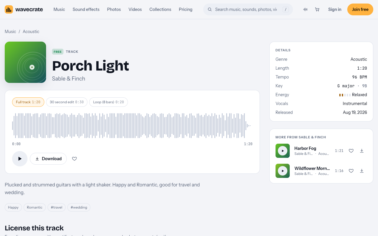 Porch Light acoustic track page on Wavecrate, marked Free, with its license cards