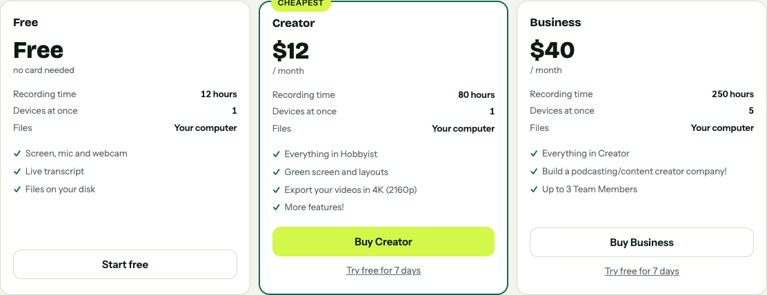 Cheap Recorder plan cards showing Devices at once: 1 on Free, 1 on Creator and 5 on Business