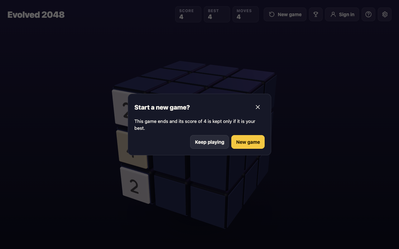 Evolved 2048 Start a new game box with Keep playing and New game buttons