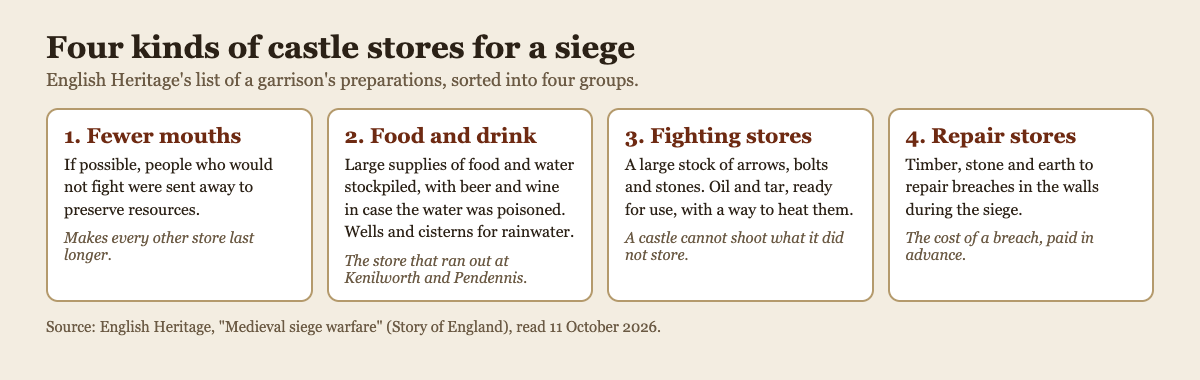 Diagram sorting a castle's siege stores into four groups: fewer mouths, food and drink, fighting stores, and repair stores, from English Heritage's siege warfare page