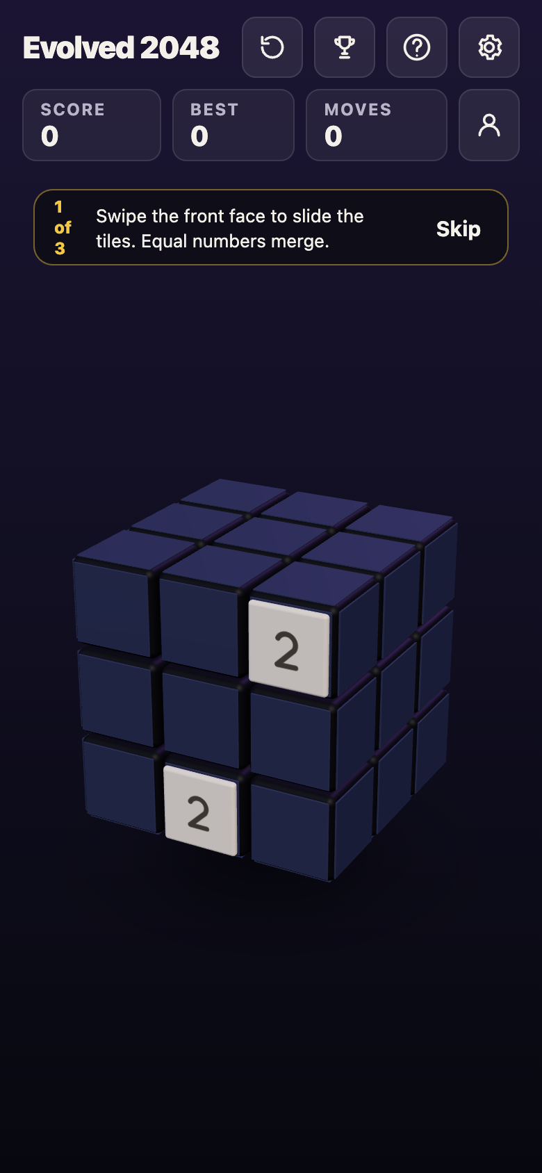 Evolved 2048 on a phone-sized screen showing the first tip and a cube with two 2 tiles