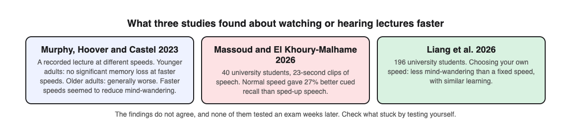 Diagram summarising three studies of lecture playback speed: Murphy 2023 found no significant loss for younger adults, Massoud 2026 found better recall at normal speed, and Liang 2026 found less mind-wandering when students chose their own speed
