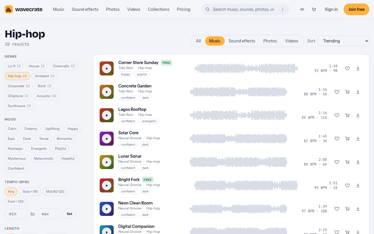 Wavecrate Hip-hop music genre listing ten tracks with mood, tempo and key