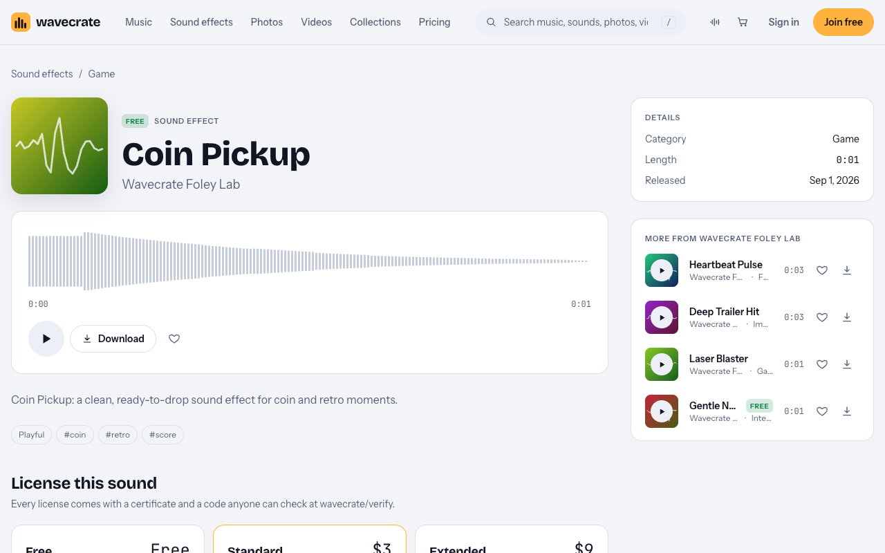 Coin Pickup sound page on Wavecrate, marked Free, with its license cards