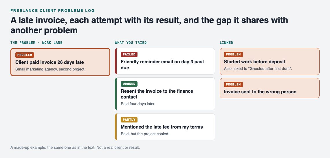 Diagram of a freelance client problems log: a late invoice with three attempts and their outcomes, linked to the missing deposit problem it shares with a ghosting client