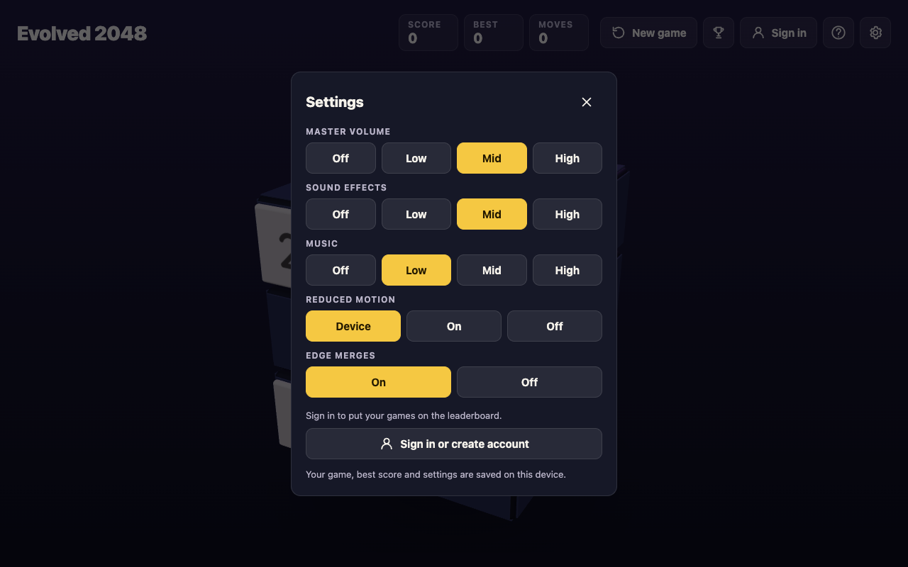 Evolved 2048 Settings box with master volume, sound effects, music, reduced motion and edge merges