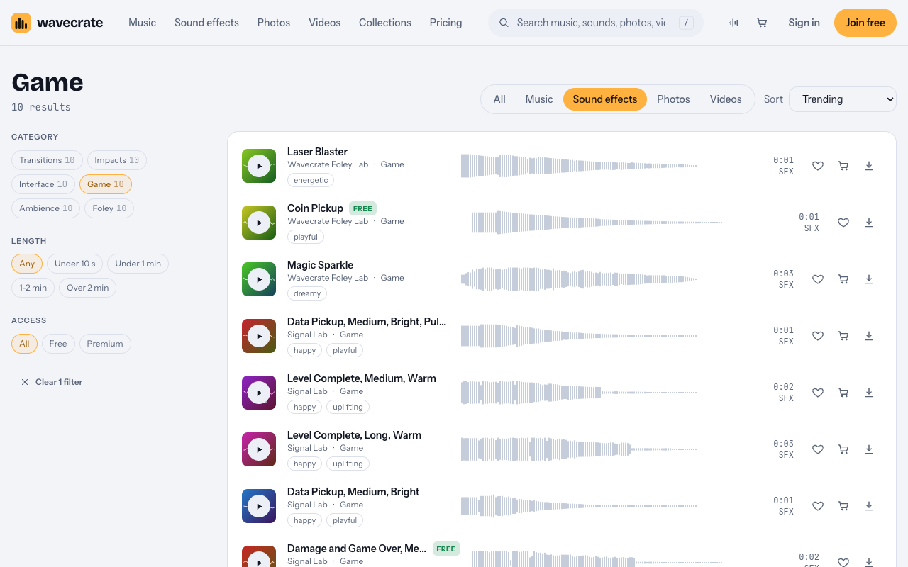Wavecrate Game sound effects category with sparkle, coin and level complete sounds