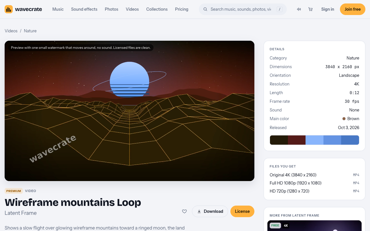 Wireframe mountains Loop video page on Wavecrate with its 4K details