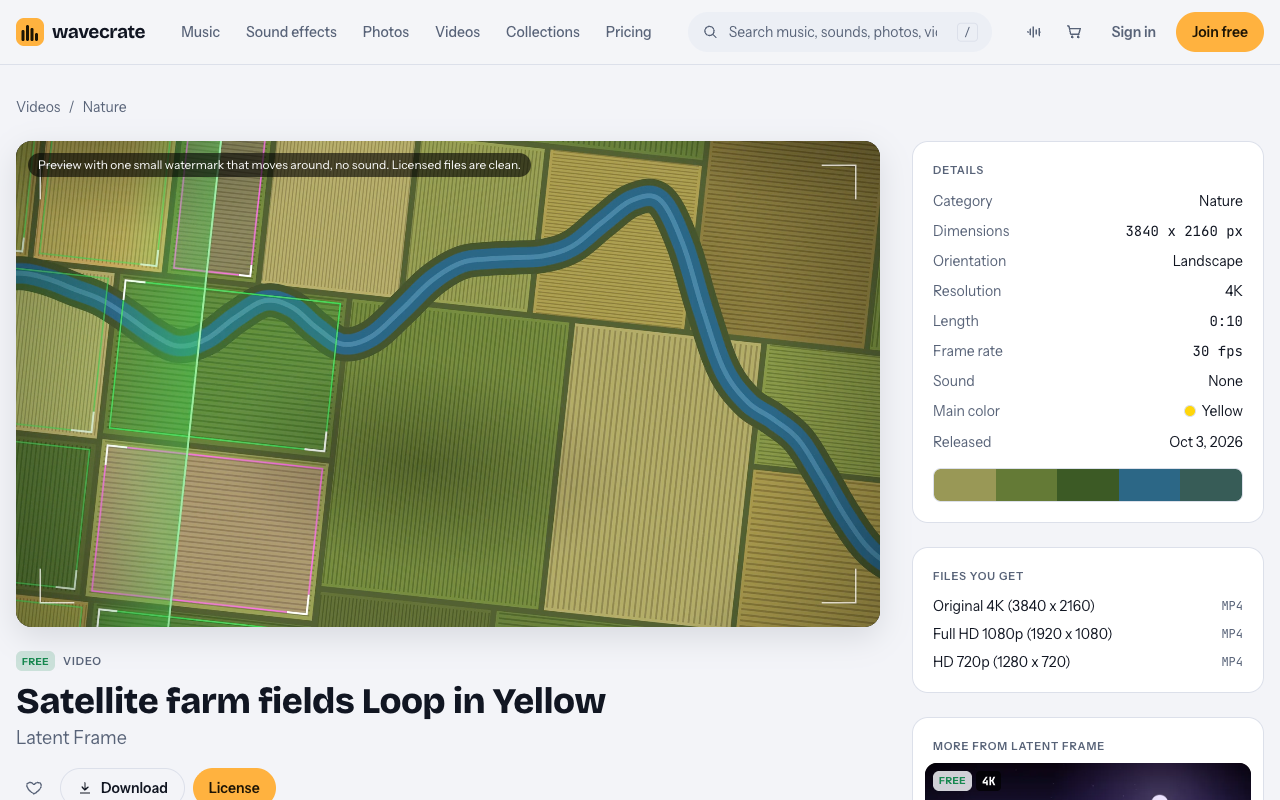 Satellite farm fields Loop in Yellow video page on Wavecrate, marked Free