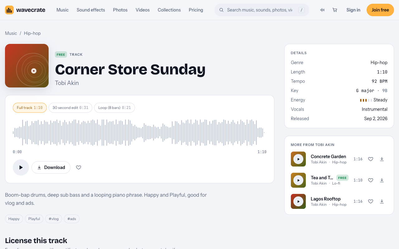 Corner Store Sunday hip-hop track page on Wavecrate, marked Free, with its license cards